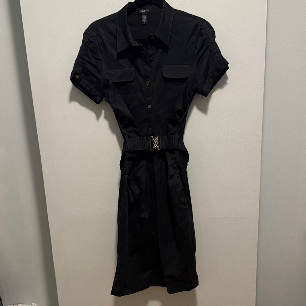Laundry By Shelli Segal Black Short-Sleeve Midi Shirt Dress with Belt